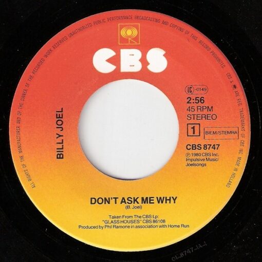 Billy Joel - Don't Ask Me Why (Vinilo, 7", Ed. Holanda, 1980) - Imagen 3